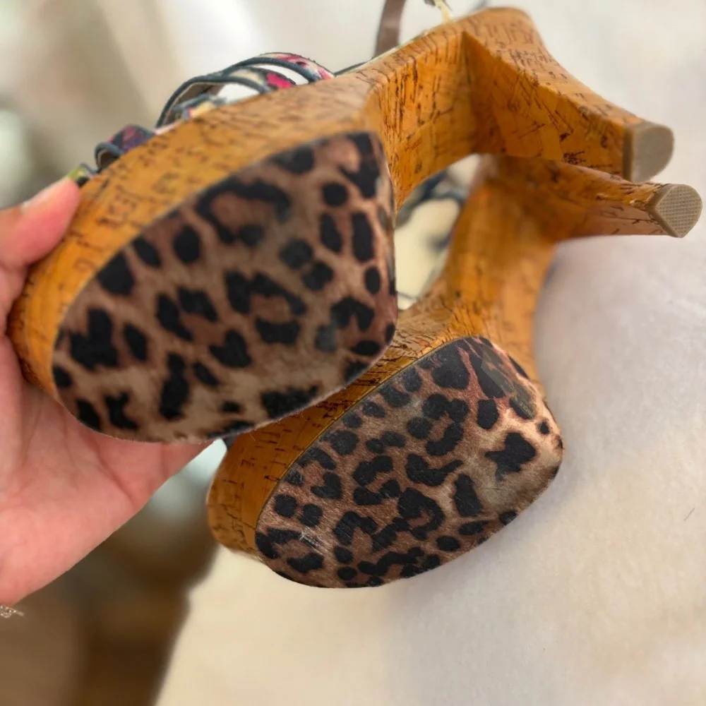 Betsey Johnson Floral Rose Cork Platform Sandals Multi Color Leopard Sole